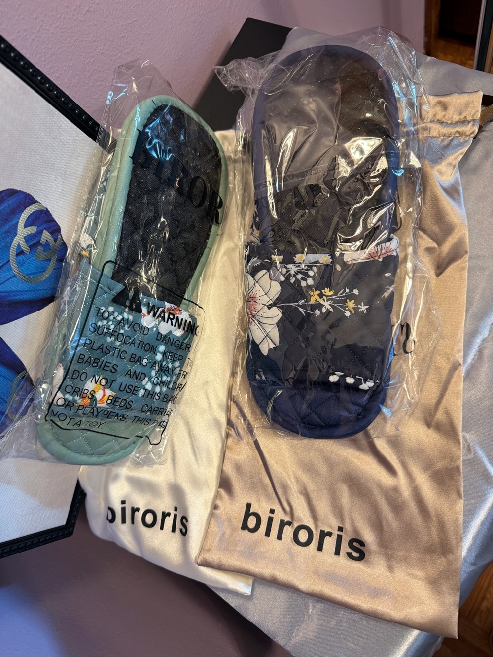 Floral Slide Slippers in Navy and Mint Set of 2 - Picture 2 of 3
